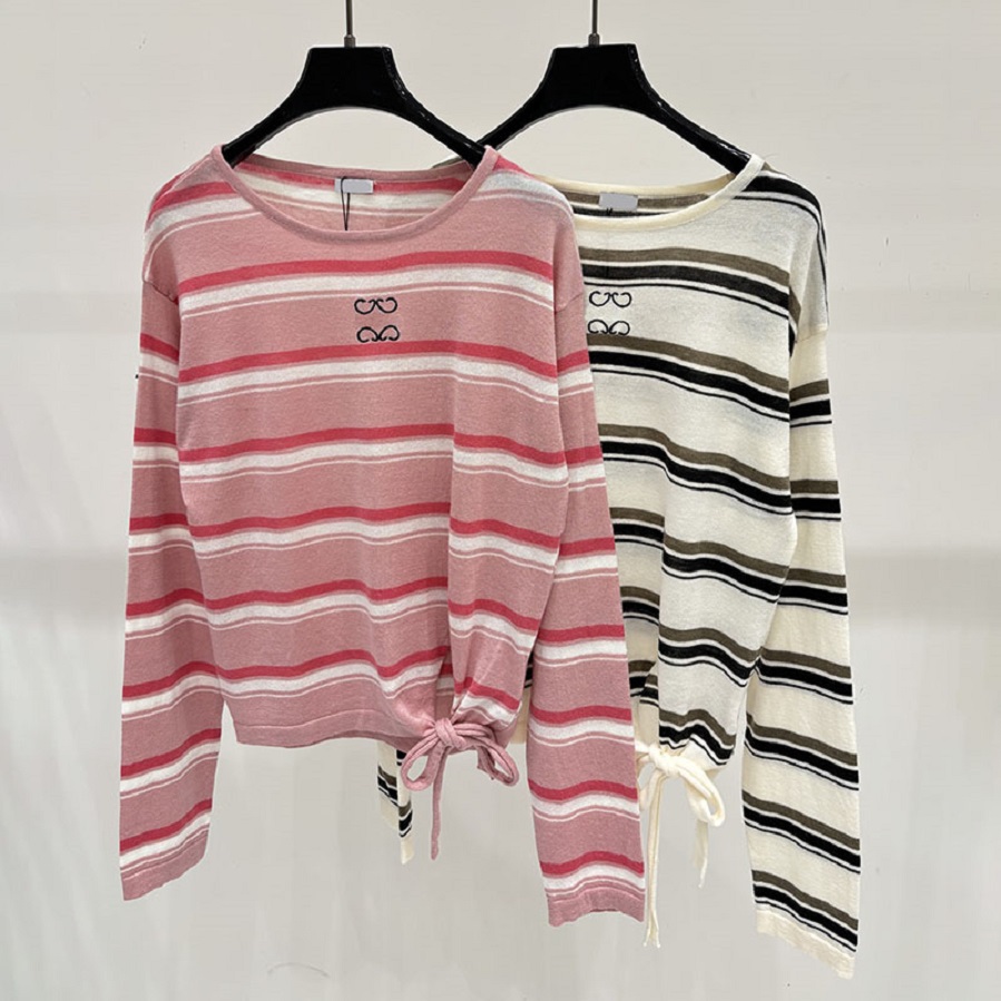 Women Loose Knit Pullovers Designer Preppy Style Striped Thin Knit Tees Contrast Color Romance Youthful Knit Pullovers
