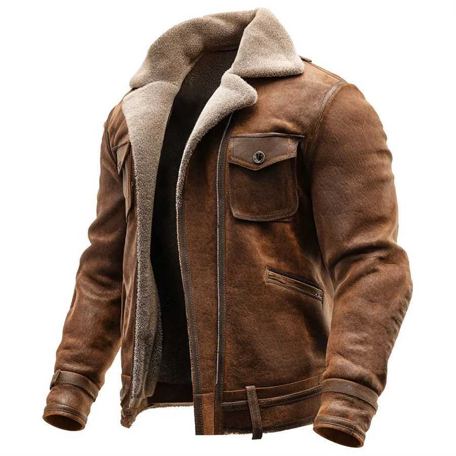 2026 Men's PU Leather Patchwork Zipper Jacket Autumn Winter Flce Warm Outdoor Coat Casual Cowboy Outerwear Brown Strtwear S260805INRF