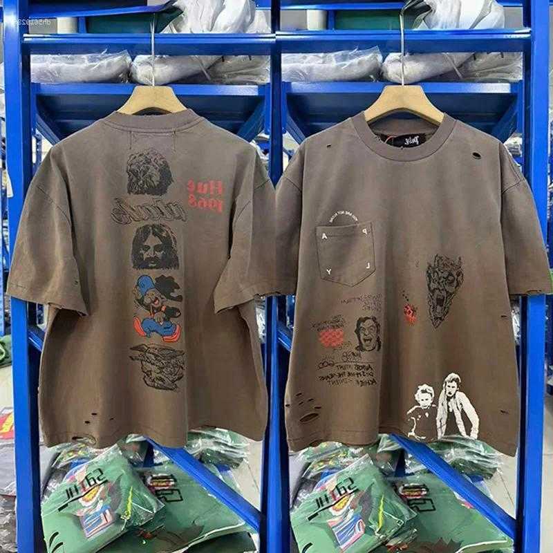 T Men's Shirts 2026 High Street Pocket Paly Shirt Men Woman Washed Brown Retro Quality Casual Summer Damaged Hole Old Tees D260805