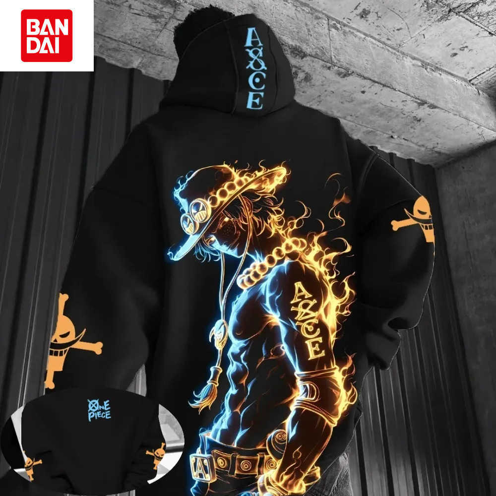 Bandai One Piece Men's Hoodie Sweater Portgas D. Ace Japanese Anime Spring Autumn Boys Children's Long-sleeved Parent-child Outfit L260805