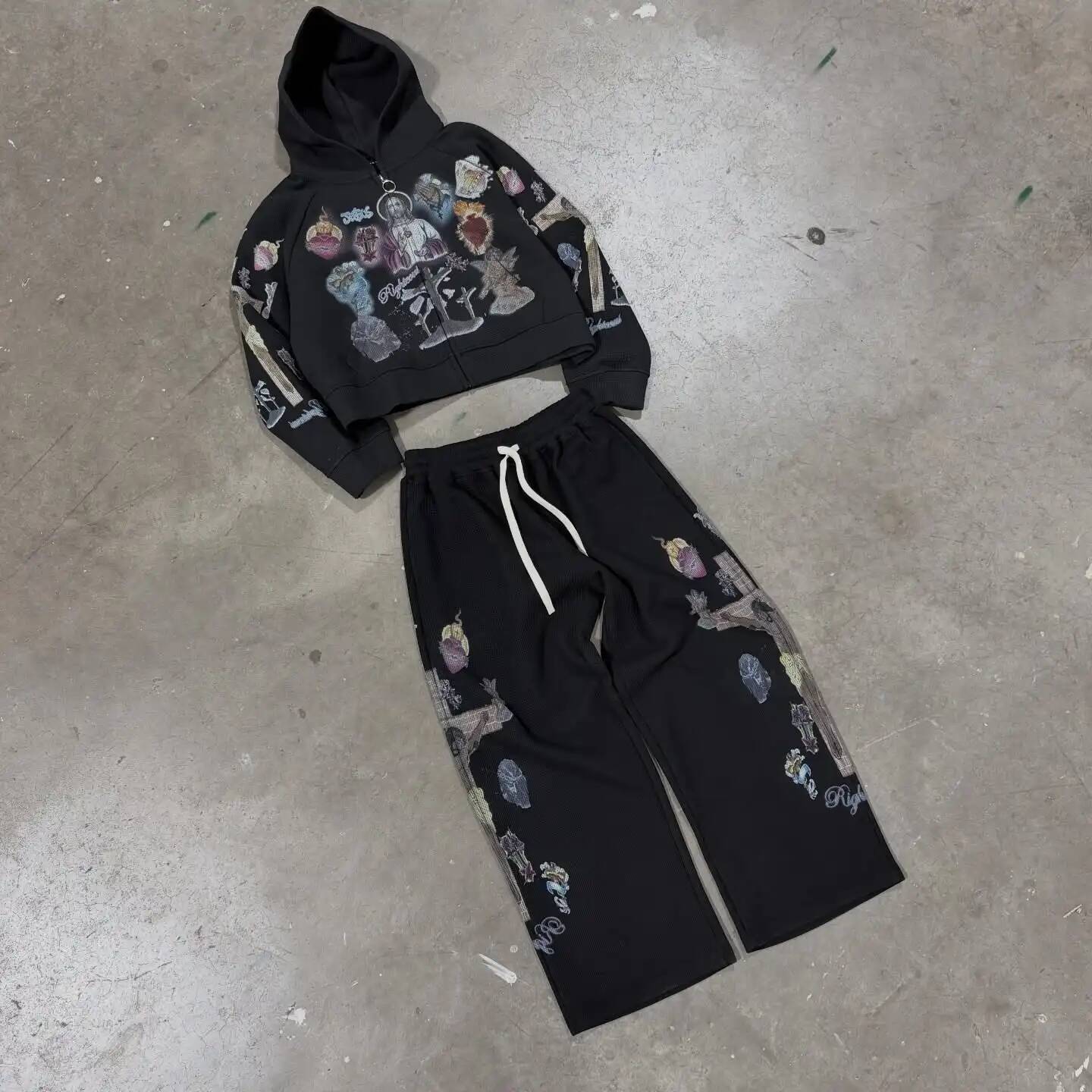 Designer Fashion Trendy Y2k Mens Street Black Zip Up Hoodie Unisex With Religious Pattern Multi Element Print For Niche Youth Express Personality