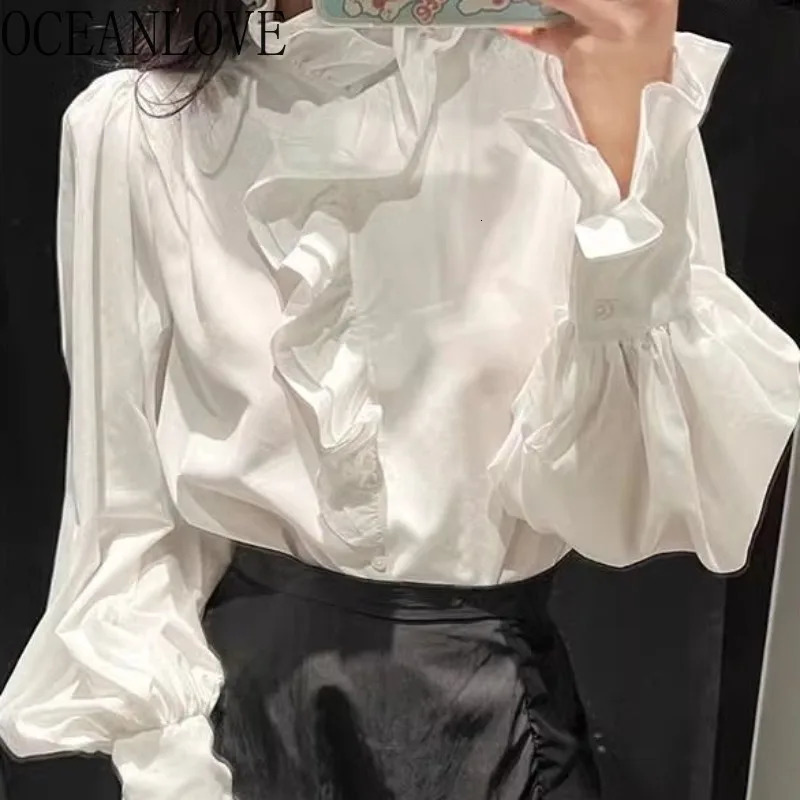 OCEANLOVE Ruffles Women Shirts blouses Stand Collar Solid White Korean Fashion Sweet Blusas Mujer Retro Elegant Camisas 260805