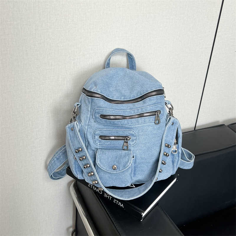Backpack Women Vintage WAshed Denim Metal Multi Pockets Large Capacity School Bag Convertible Shoulder Crossbody Bag H260805