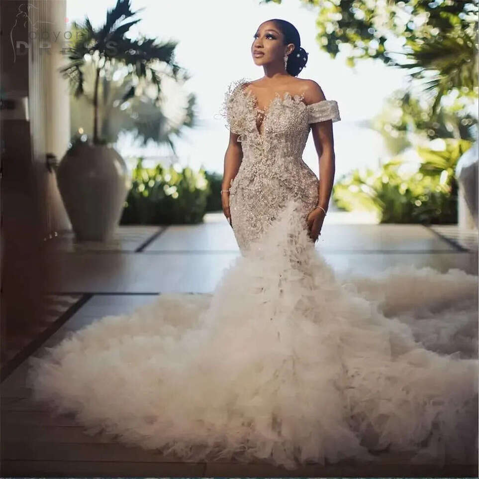 Luxury Pearls Beaded Mermaid Wedding Dress Off The Shoulder Ruffled Tulle Train Bridal Gown For Formal Occasions