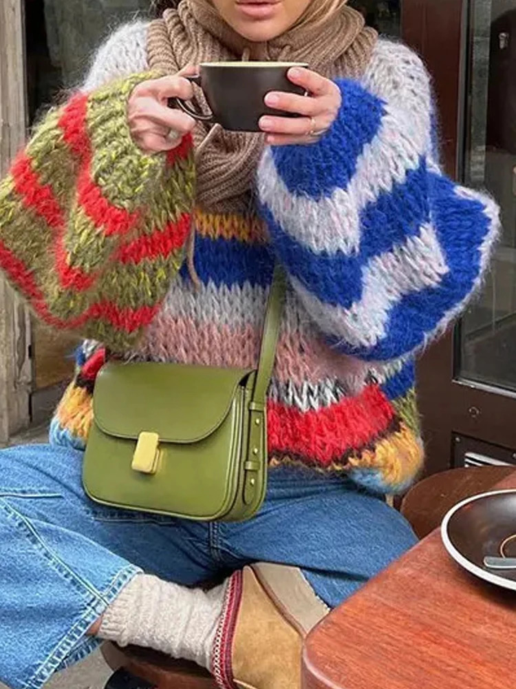 Fashion Rainbow Stripes Print Jumpers Autumn Winter Elegant Soft Knitted Tops Casual O-neck Long Sleeve Loose Pullover Sweaters 260801
