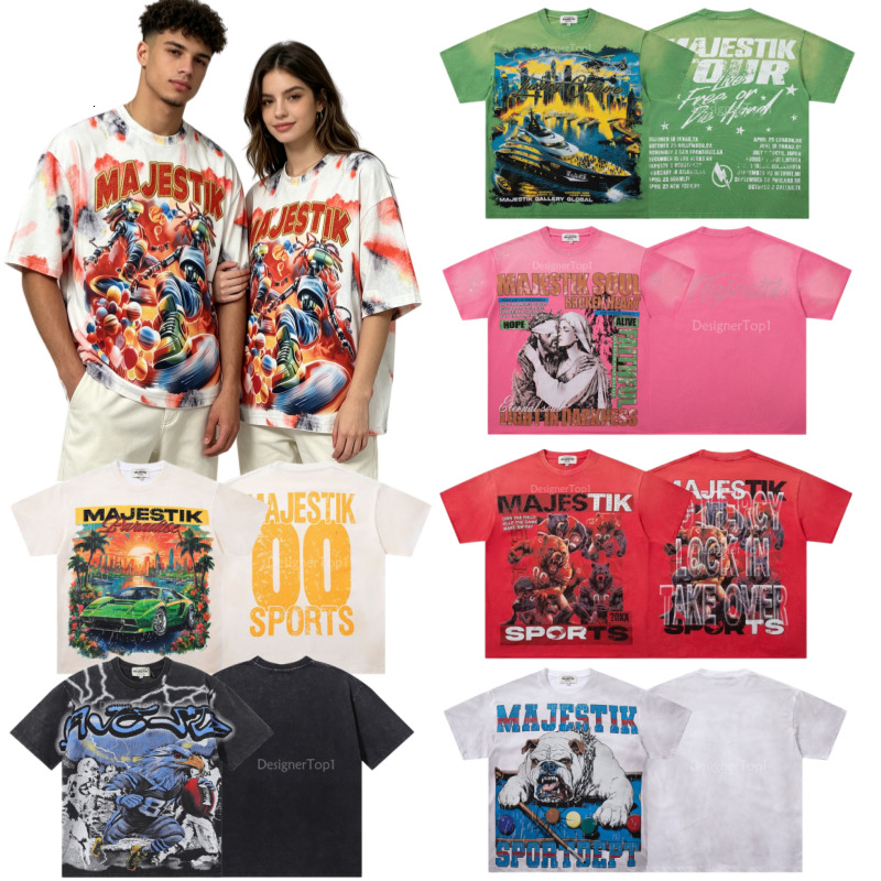 Majestik t shirt Designer Mens T-Shirts American Trendy Brand Retro High Street Hip-Hop Letter Printing Rhinestones Short-Sleeve Summer Cotton Mens
