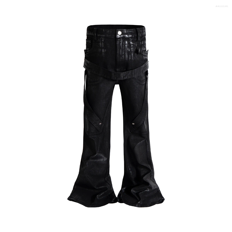 Men's Jeans High Street Brush Wax Coated Belt Loops Flared For Men Straight Washed Vintage Baggy Denim Trousers Oversized Boot Cut