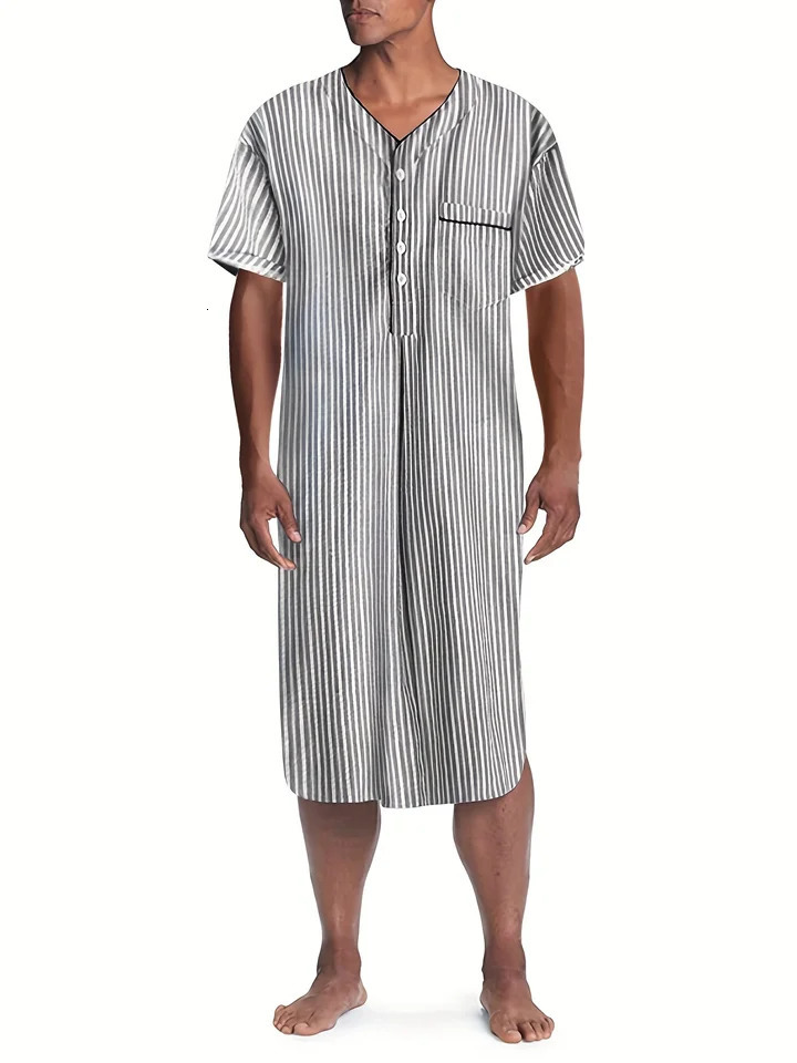 Men Casual Short Sleeve Pajamas V-neck One-piece Striped Nightgown Leisure Loose Premium Bathrobe Comfortable Homewear S-3XL 260805