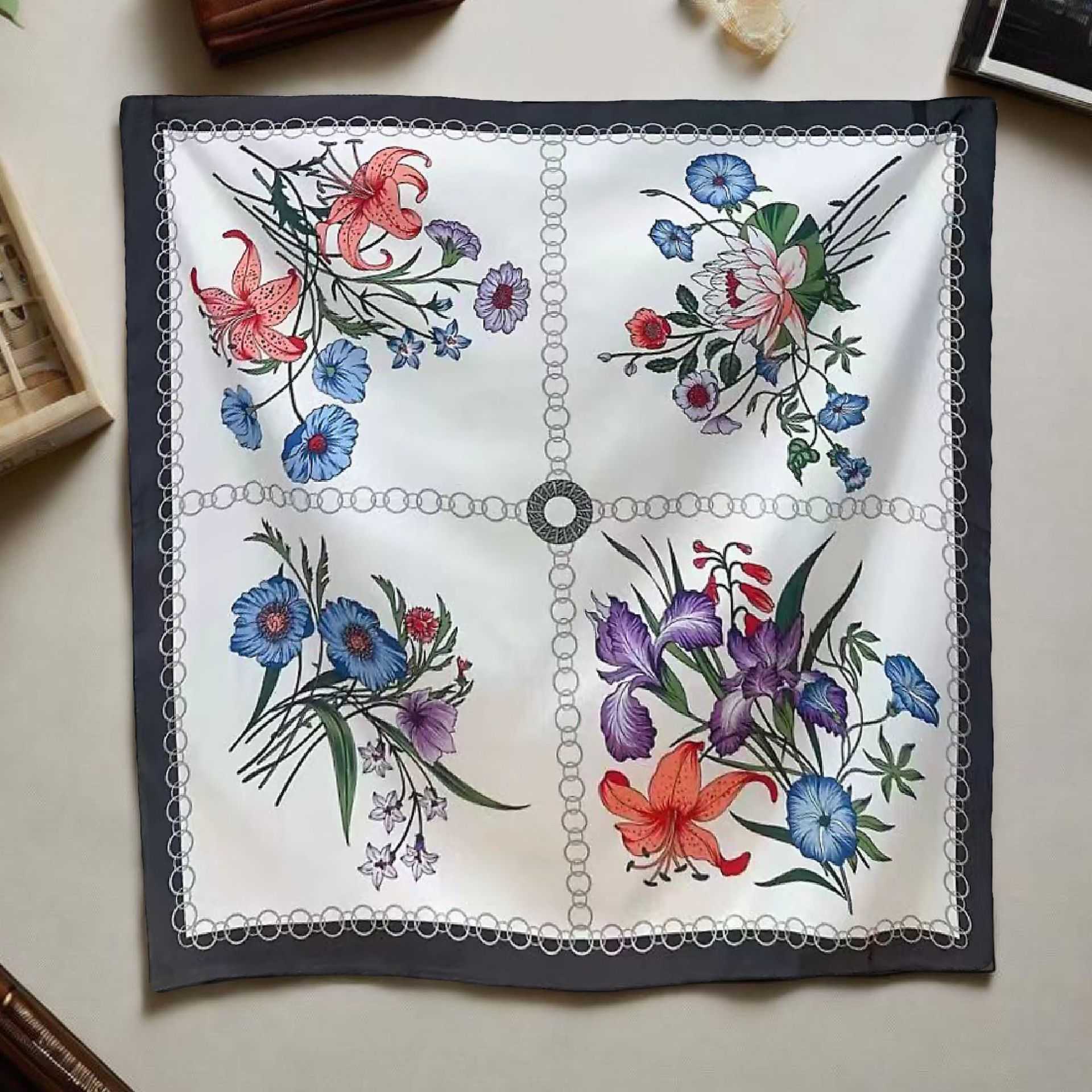 British court-style silk scarf for women versatile for spring and autumn decorative floral print faux silk small square scarf shirt neck scarf L2608