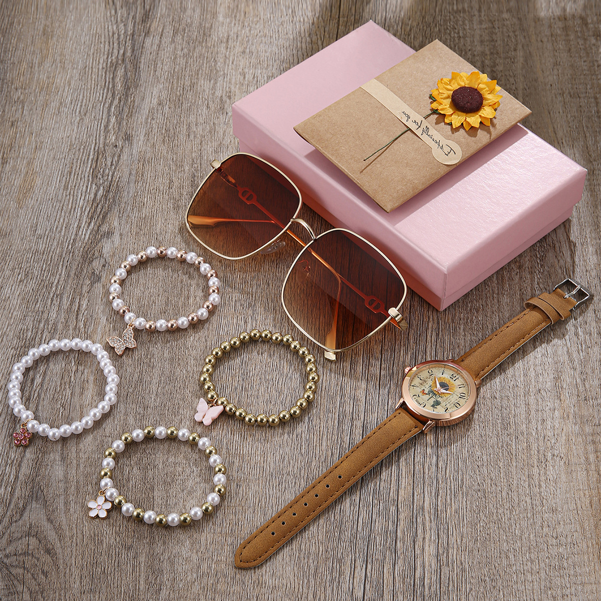 Women Wrist Watch 2026 New quartz Cross-Border Business Belt Quartz ladies Men's Watch Pearl Butterfly Bracelet Sunglasses 7-Piece Gift Box Set