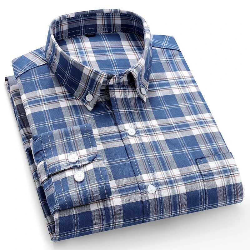 100% Pure Cotton Oxford Men's Shirts Long Sleeve Plaid Soft Regular Fit Formal Dress Shirt Social Blouse Male Clothes 6XL 7XL Z260805