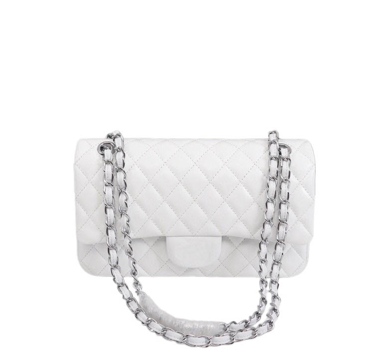 Classic white flap bag for women with chunky metal chain strap, an elegant shoulder bag suitable for evening dinners, parties, and daily wear.