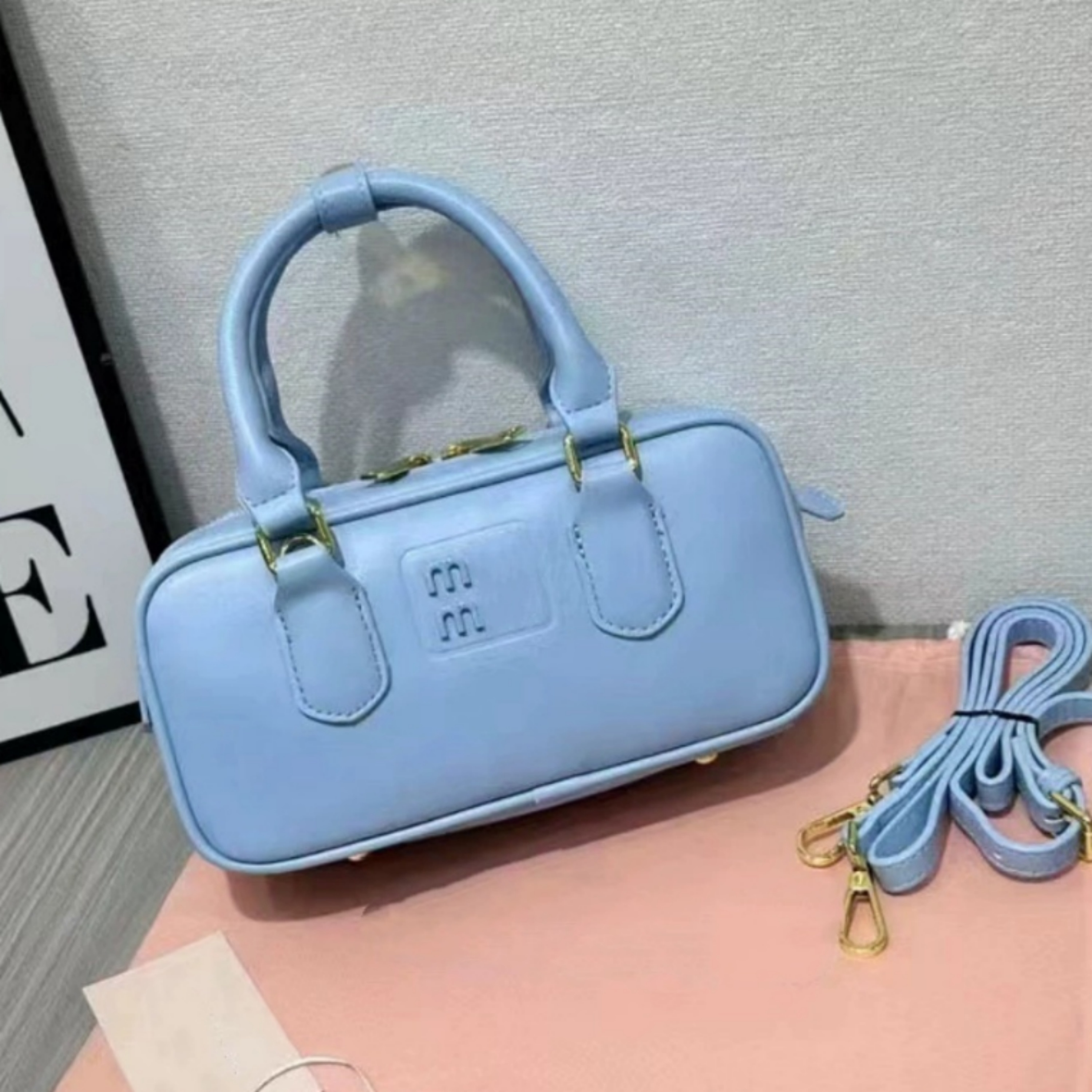 10a Luxury Design Fashion Ladies Vintage Brown PU Bowling Bag Embossed Letter Logo Top Handle Handbag Removable Strap Crossbody Shoulder Satchel Pur