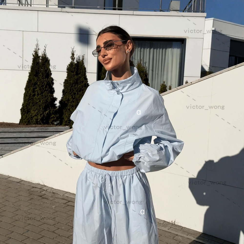 Z7337 Women 2 Piece Uv Sun Protection Outfit Cropped Stand Collar Jacket Elastic High Waist Wide Leg Pants Casual Tracksuit Set