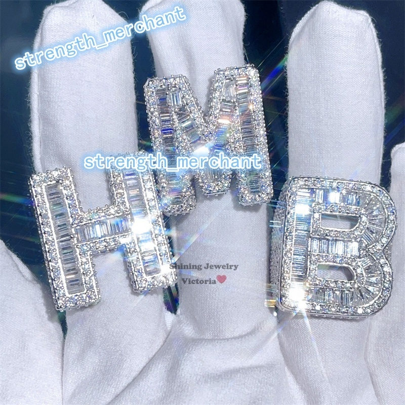 Best Selling Classic Round Mix Baguette Moissanite Diamond Custom Letter Initial Ring