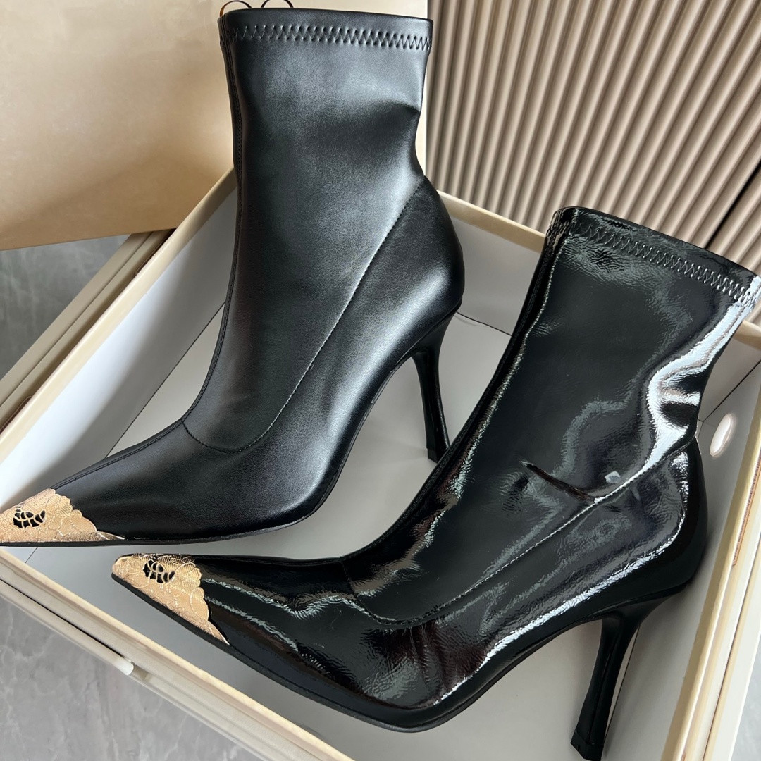 Designer Women's Fashion Boots High Quality Leather Pointed Toe Dress Boots Metal Decorative Toe Cap Stiletto Heel Ankle Boots
