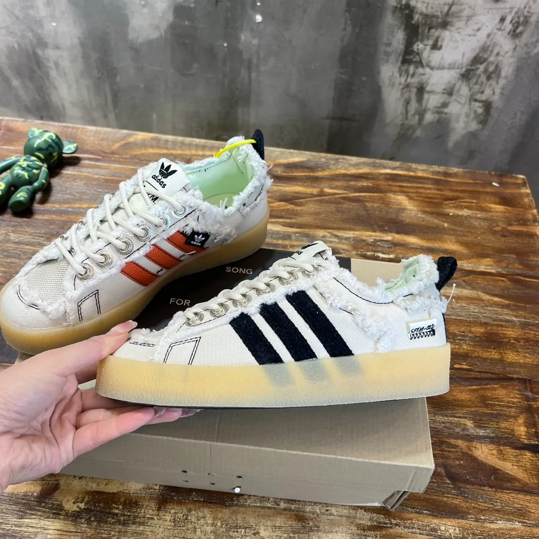 Adidas Originals Campus 80s x Song For The Mute SFTM Sneakers, Off White Destroyed Fringe Canvas Asymmetric 3 Stripes Casual Shoes for Men Women sho