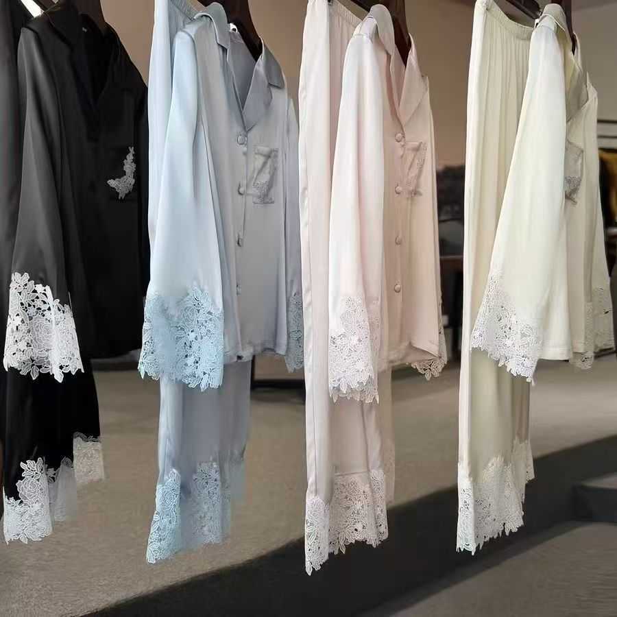 Women's spring and autumn thin ice silk pajamas long-sleeved lace trim high-end home wear two-piece set in white and blue Q260806