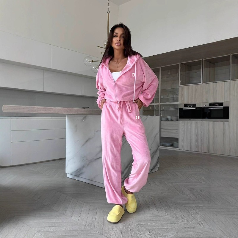 Women Velour 2 Piece Yoga Tracksuit Hooded Zip Up Jacket Drawstring High Waist Wide Leg Pants Loungewear Set S3992