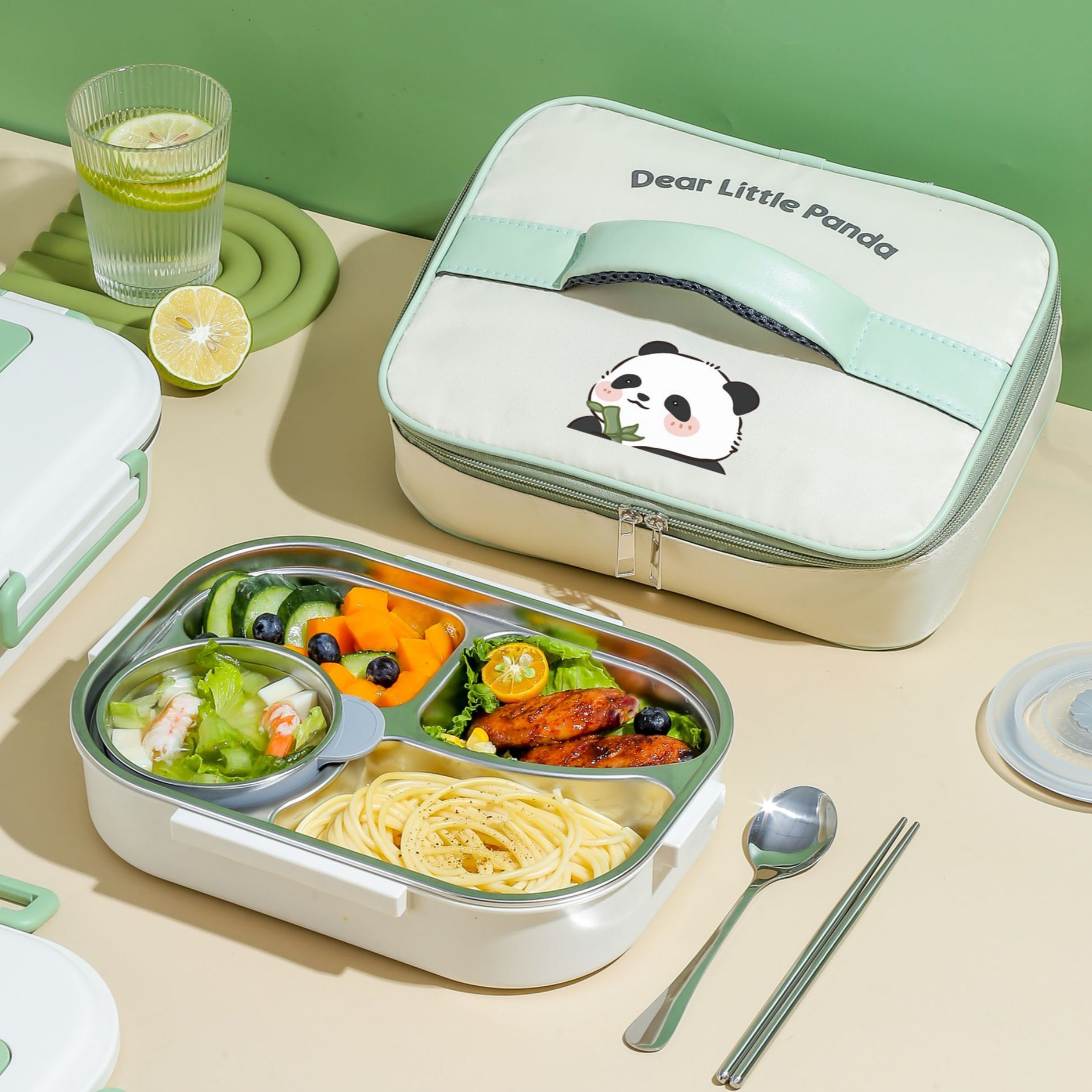 Panda Stainless Steel Thermal Lunch Box for Adults And Kids with Cutlery Set Microwave Safe 4/5 Grids for School Picnic