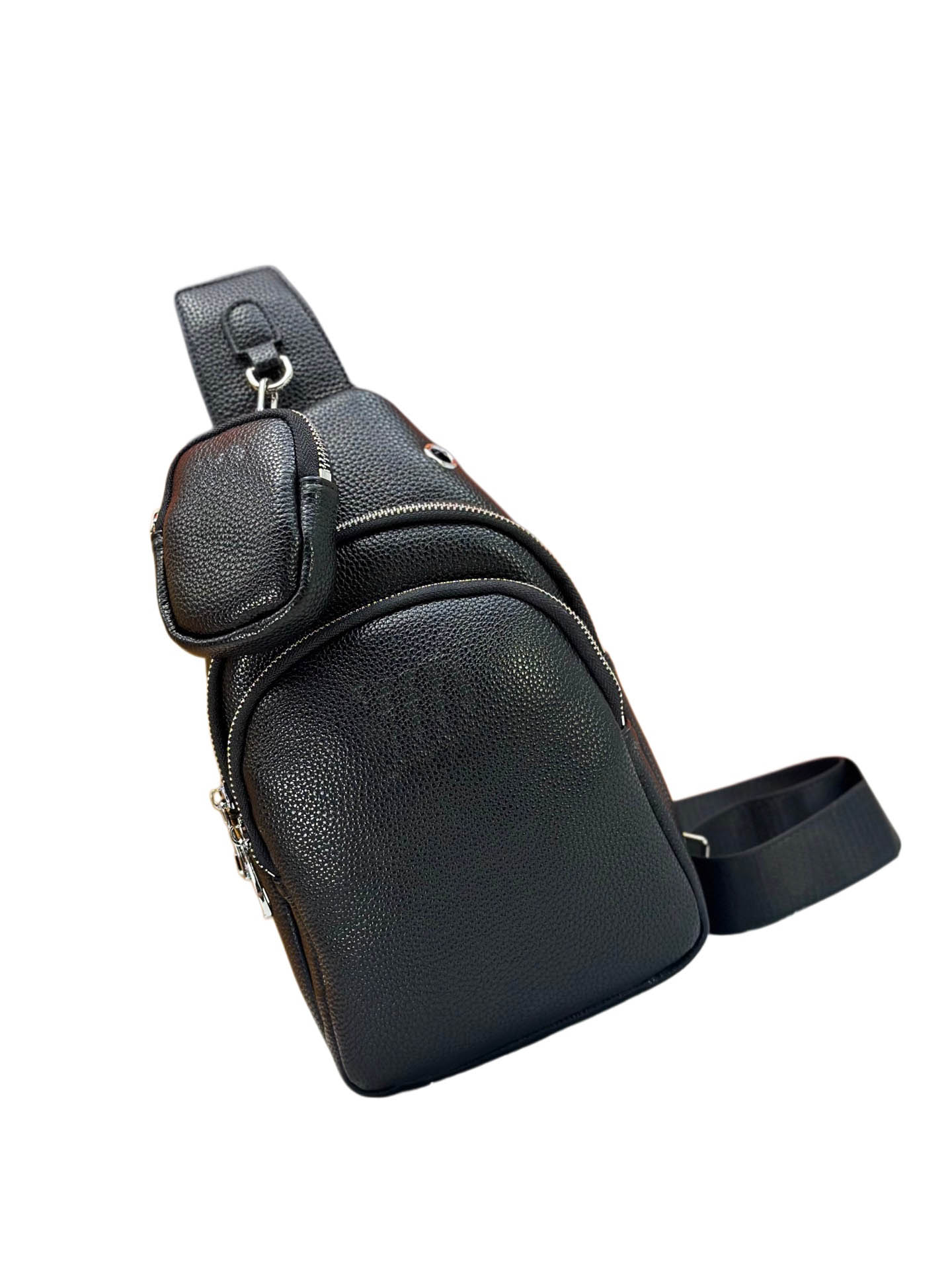 Sac à bandoulière en cuir noir unisexe de style marque de luxe, sac de poitrine en relief, fermeture à glissière, sac de taille décontracté pour
