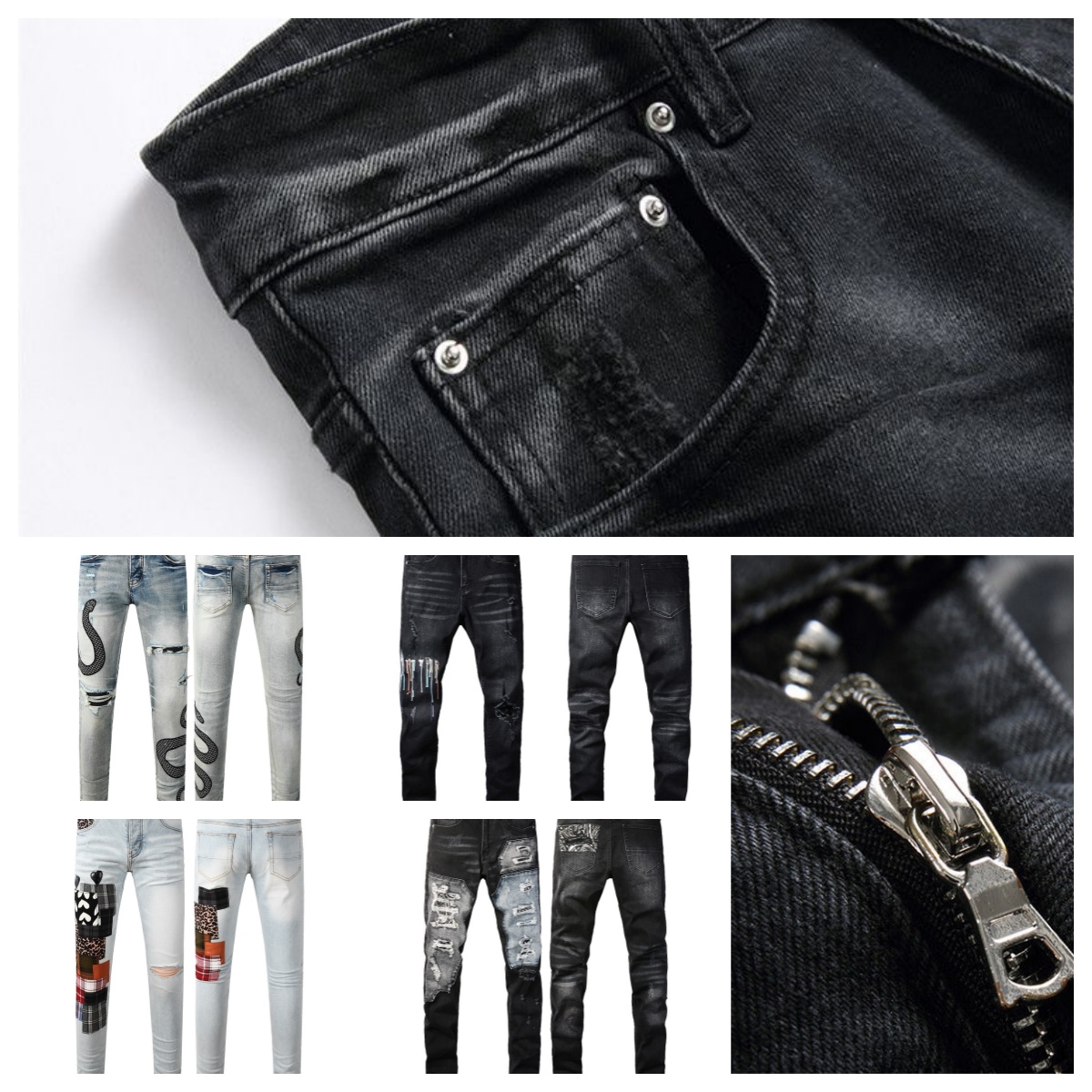 Jeans for mens designer women jeans high street fashion high quality black perforated letter embroidered patch slim fit elastic small foot jeans for