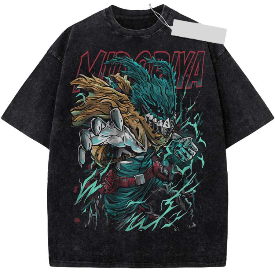 Washed Tee My Hero Academia Deku T Shirt Men Acid Wash Izuku Midoriya Stealth Suit Anime Graphic Cotton Streetwear MHA World Heroes Tee oversize