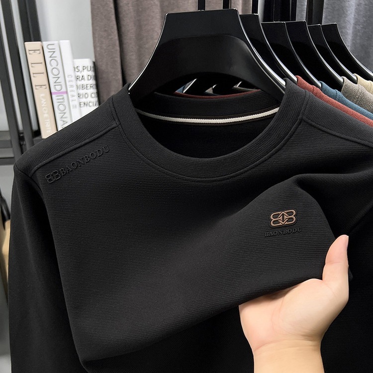 Luxury Fashion Designer Clothes Wool Blend Long-Sleeve Sweatshirt Men, Simple Casual, Versatile, Stretchy, Round-Neck, Base Shirt, T-Shirt Top For S