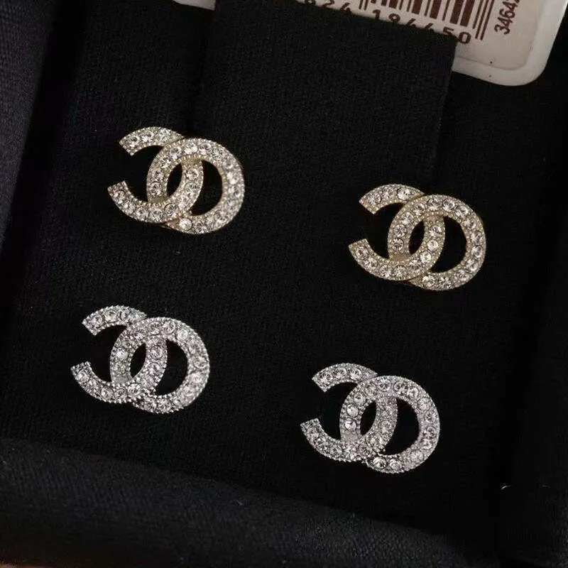Stud women mini silver plated designer double letter crystal water diamond earrings jewelry