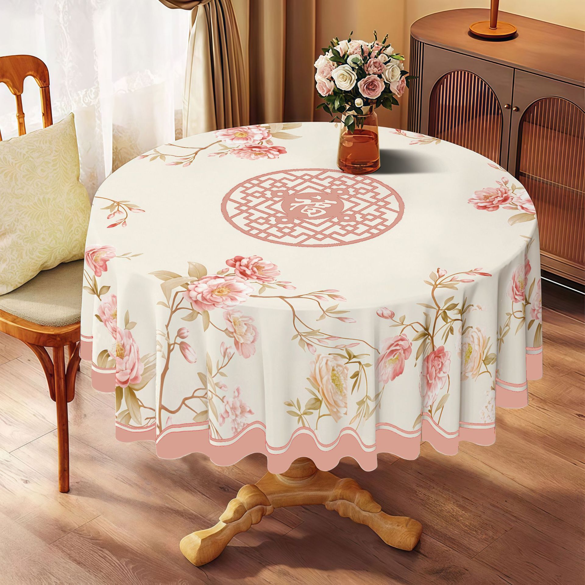 YL-39035 Nappe ronde en PVC de style ethnique personnalisée avec motif de fausse broderie imperméable, résistante à l'huile, à la chaleur et sans