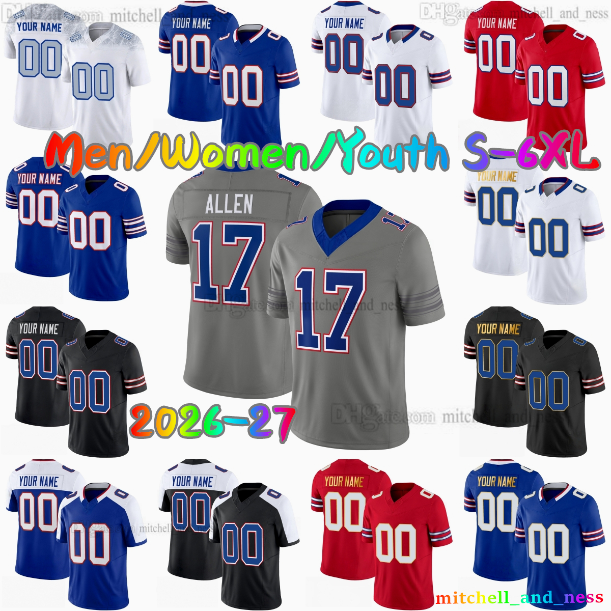 Custom 2026-27 New 17 Josh Allen Football Jersey 15 Greg Rousseau 73 Dion Dawkins 91 Ed Oliver 2 DJ Moore 86 Dalton Kincaid 4 James Cook III 10 Shak