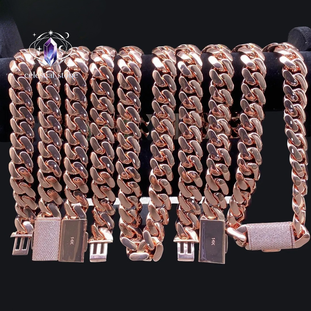 Link Wholesale Rose Gold Cuban and Bracelet Set for Men 18mm Brass Chain with Bling Iced Out Lock Hip Hop Fashion Jewelry