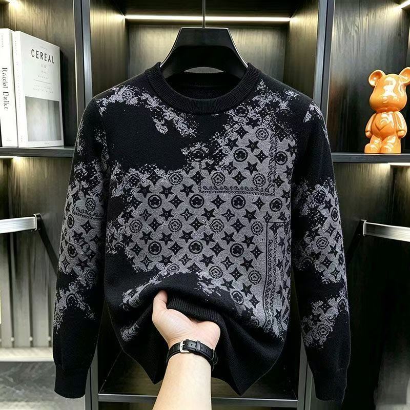 Fashionable men's sweater, European style, color-blocked jacquard knitwear, Korean style, versatile, slim-fit round-neck casual top