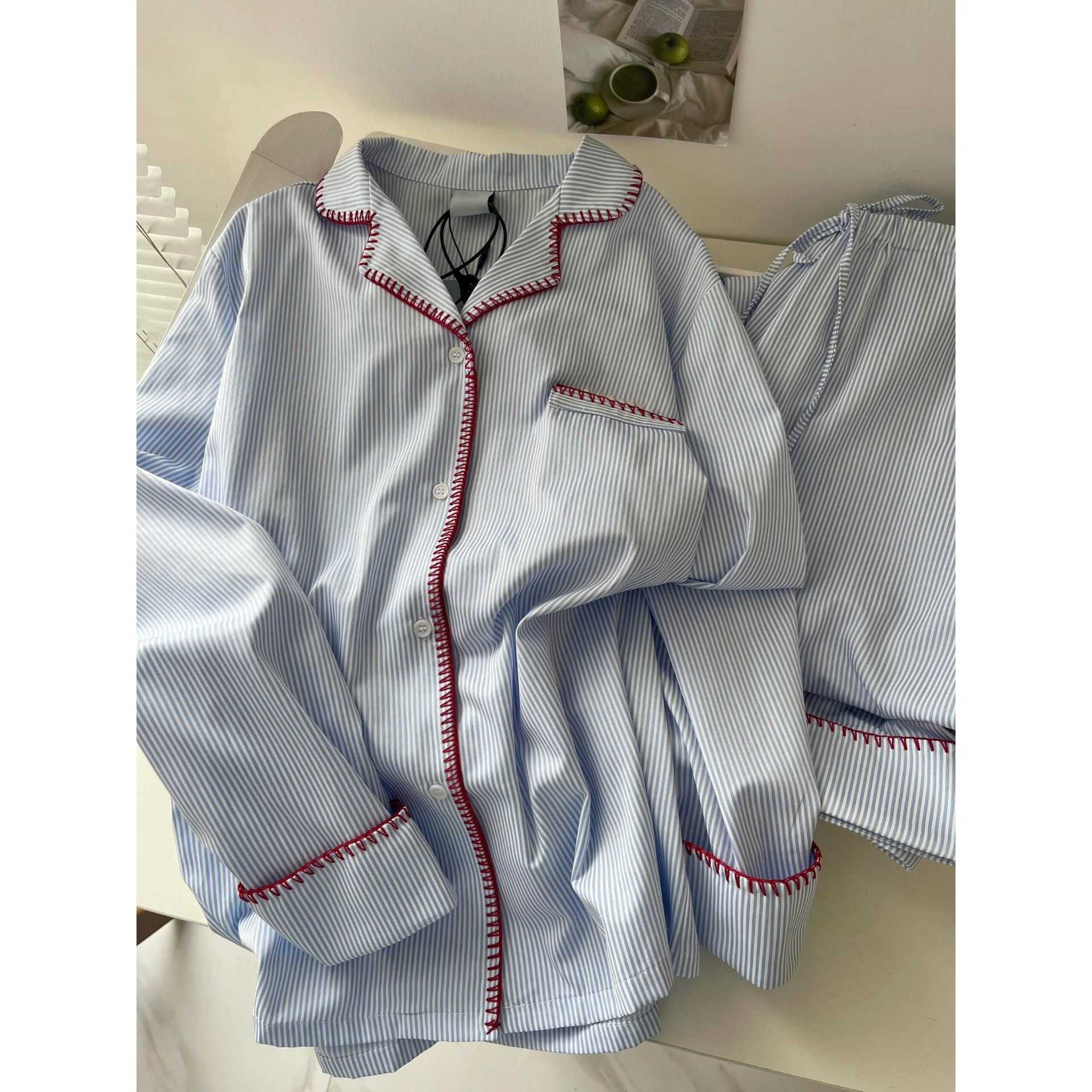 Korean-style striped pajamas for women spring and autumn long-sleeve set high-end home wear trendy and suitable for outerwear Q260806