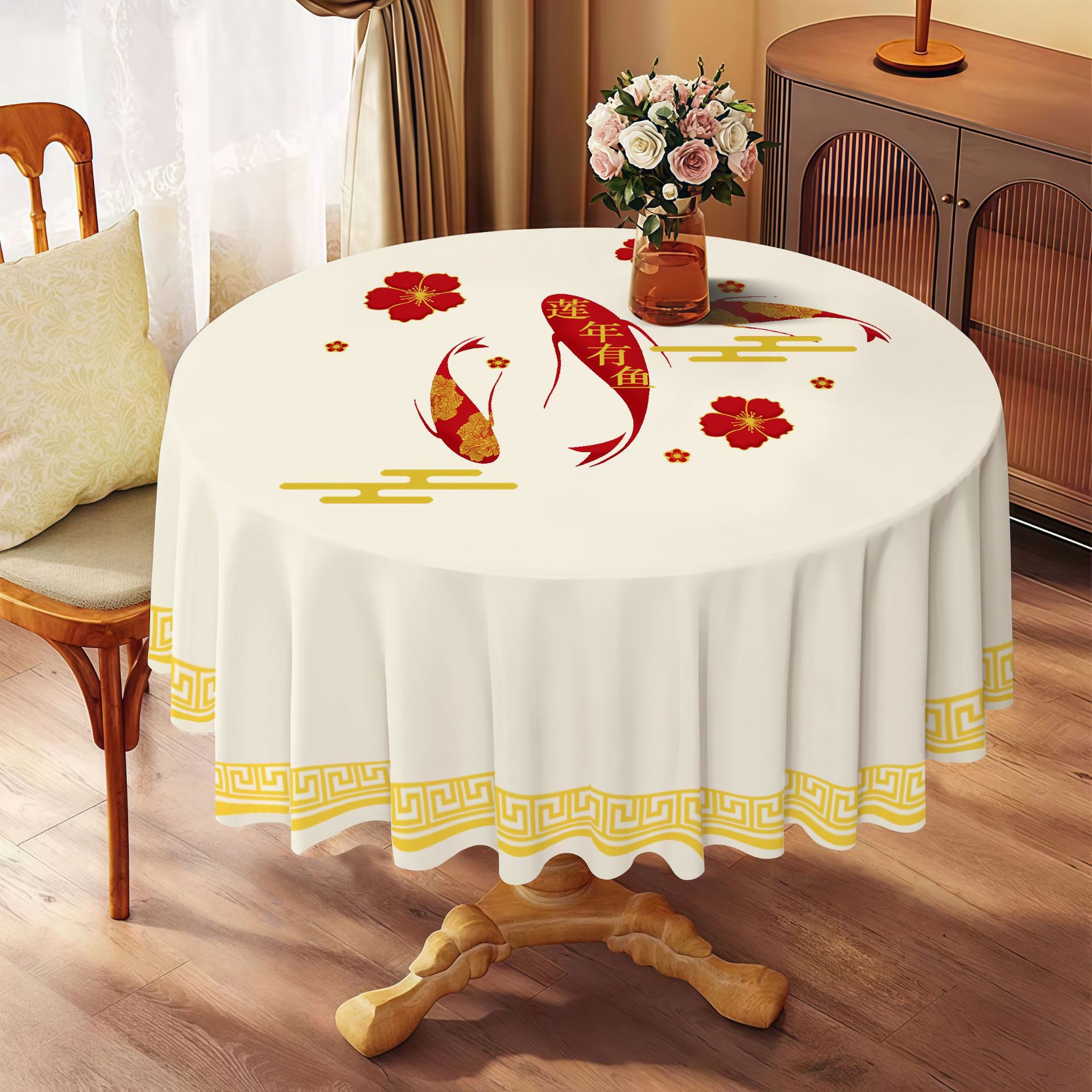 YL-39036 Nappe ronde en PVC de style ethnique personnalisée avec motif de fausse broderie imperméable, résistante à l'huile, à la chaleur et sans