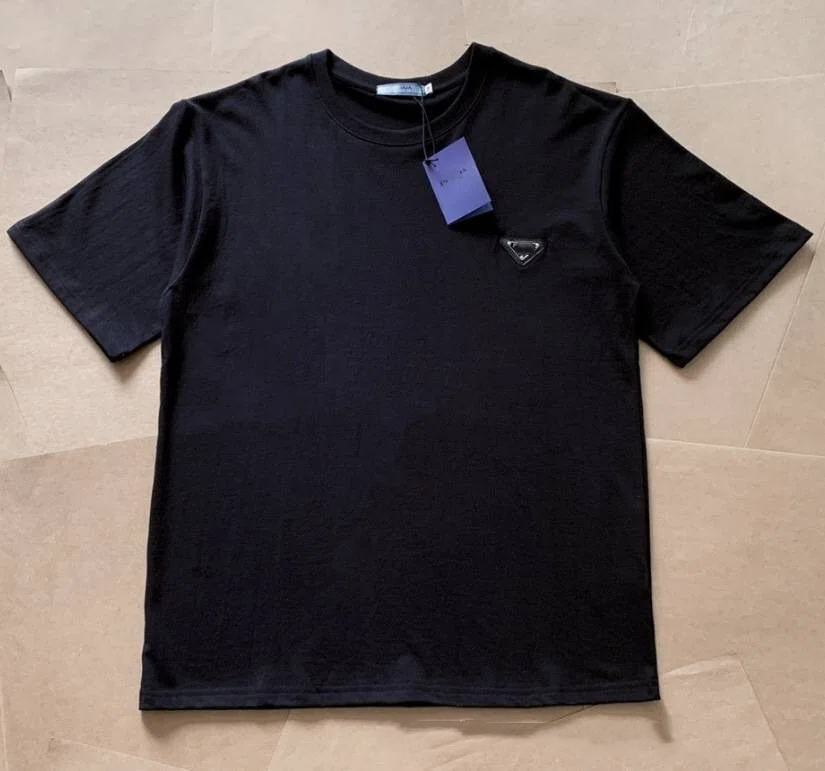 Men 100% Cotton Casual T-Shirt Summer Minimalist Graphic Print Short Sleeve Tee With Triangle Badge Crew Neck Breathable Daily Top