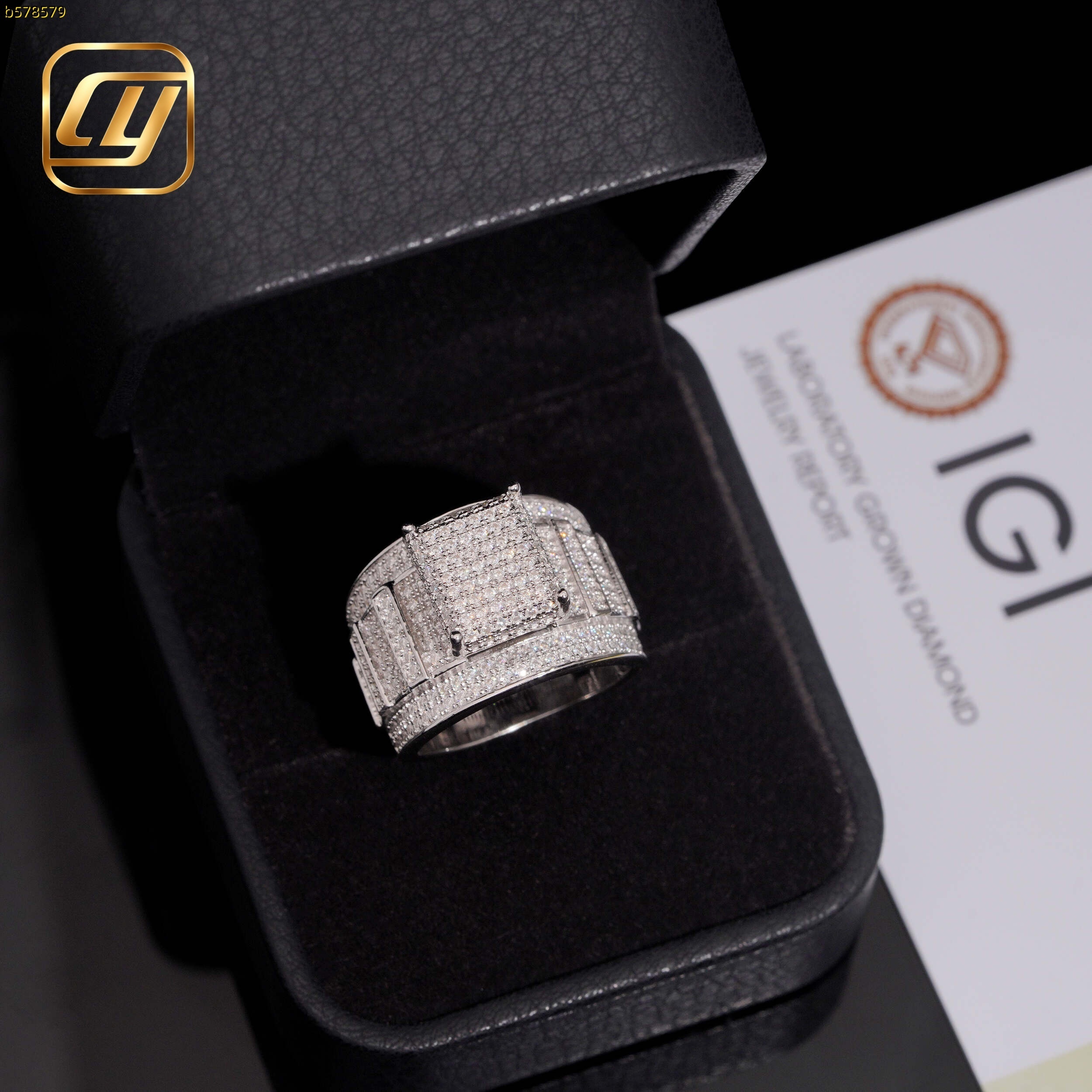Wholesale Custom S925 Silver Lab Created Diamond Square Cluster Ring IGI Certificate Micro Pave Engagement Wide Band Jewelry
