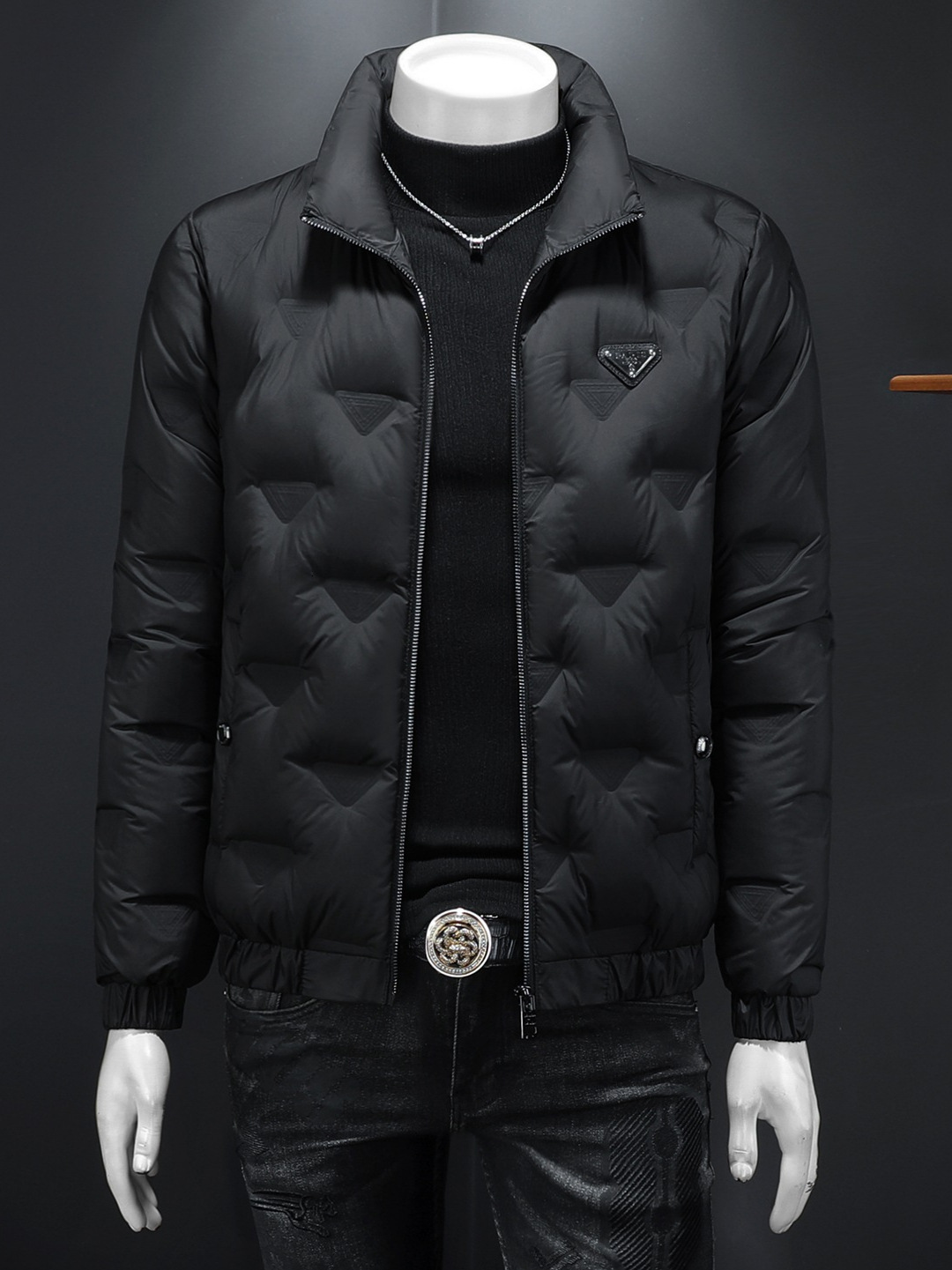 European High End Trendy Brand Down New Winter Slim Fit Stand Up Collar Thickened Jacket With Triangular Logo Men's Fashion Outerwear