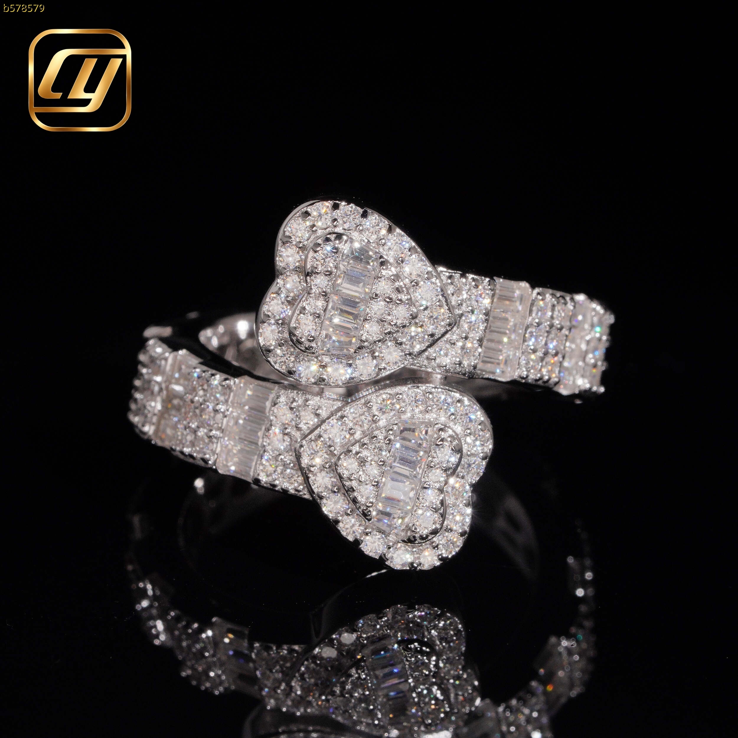 Luxury IGI Mixed Cut Heart Lab Diamond Wide Band 18K White Gold Romantic Statement Ring Baguette Round Paved Stones Jewelry