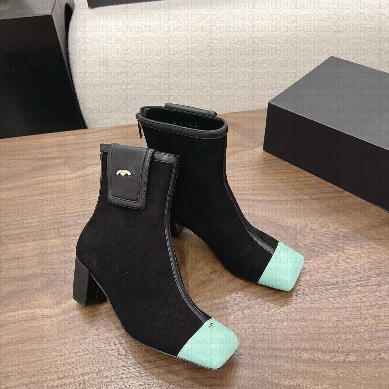 26b Square Toe Boot Designer Luxury Womens Green Suede Kitten Heel Zipper Leather Spring Summer Beach Pool Casual Fashion Footwear Comfort Sole Mode