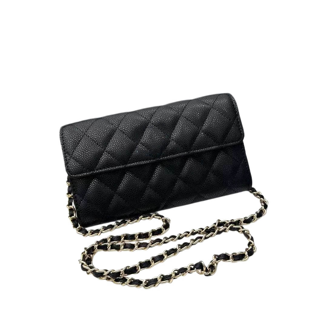 Classic quilted black chain flap wallet, elegant women's leather card holder and coin purse, luxury designer
