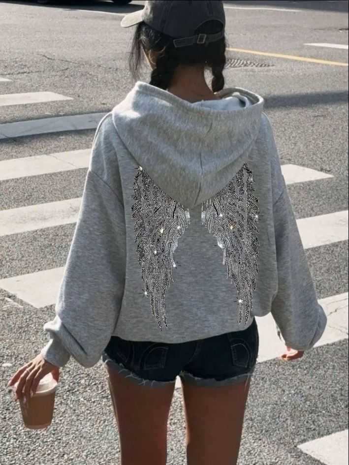 Y2K Gothic Mens Womens Angel Wing Hoodie Hip Hop Rhinestone Sparkly Retro Gray Oversized Hoodie Sweatshirt Casual Pullover J260807