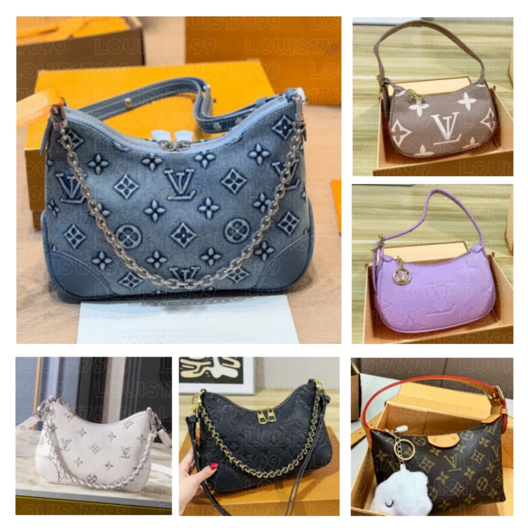 10a top Luxury New Women Retro Denim Crescent Hobo Handbag Embossed Monogram Pattern Silver Chain Adjustable Strap Ladies Casual Shoulder Bag