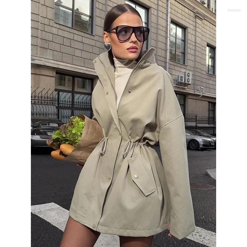 Women's Trench Coats BKQU Stand Collar Lace Up Jacket Fashion Long Sleeve Drawstring Waist Pockets Autumn Commute Casual 83