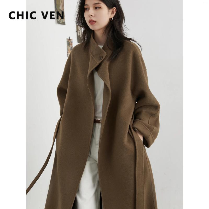 Women's Wool CHIC VEN Fashion Women Long Woolen Coat Loose Stand Up Collar Belt Female Overcoat Solid Ladies Outwear Autumn Winter 2026 b6