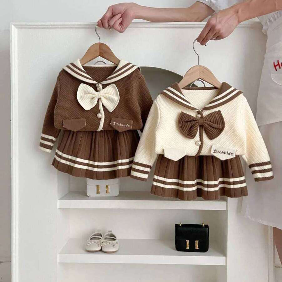 Girls Clothing Set Girls' Baby Sweater Set Spring And Autumn Outwear two piece Children's Thickened Knitted Top Versatile Princess Dress M