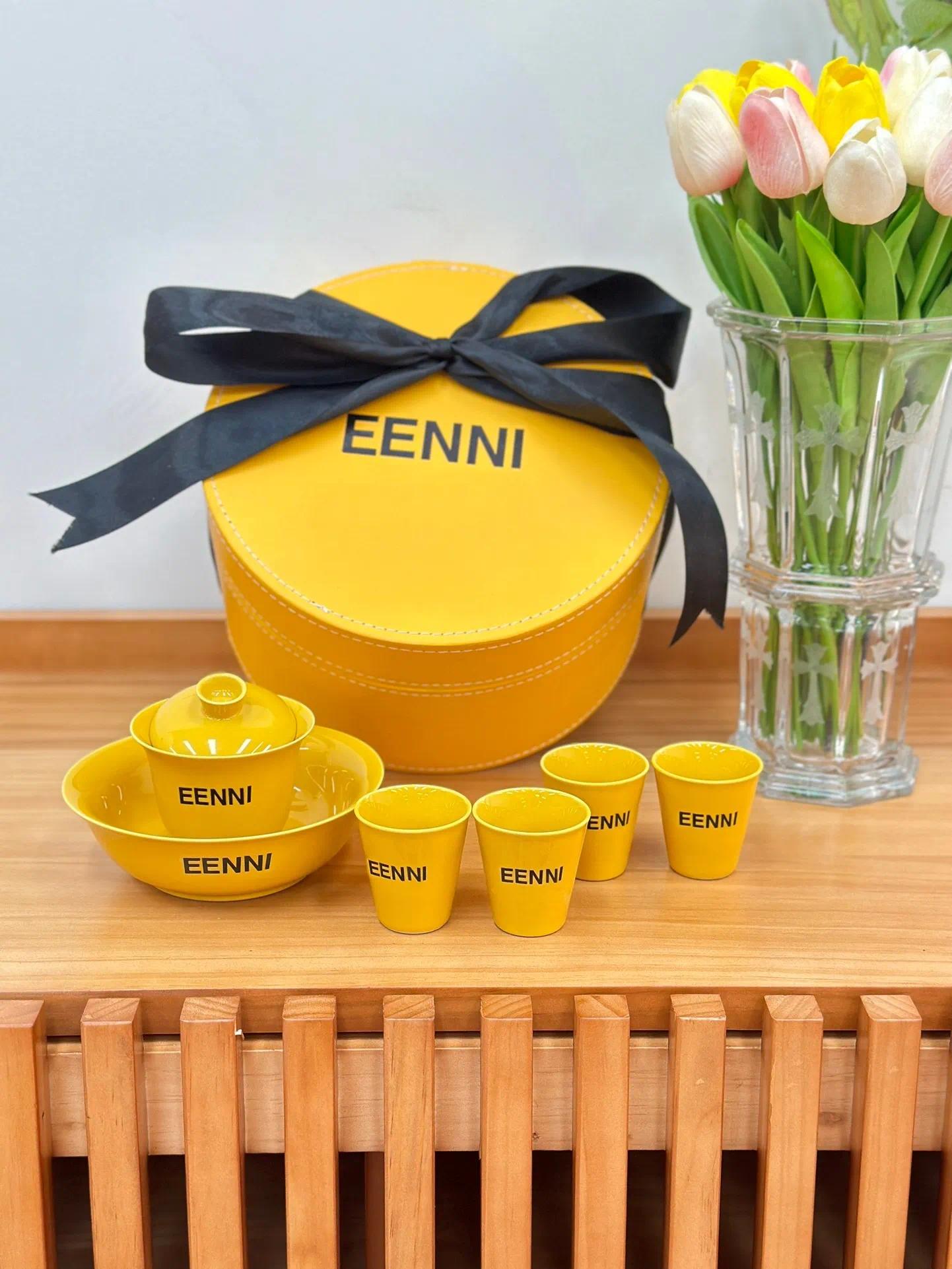 Hot 2026 Vintage Designer classic F letter logo tea set Luxury retro 7-piece Teapot Tea Cup ceramic tea set yellow leather gift storage box holid