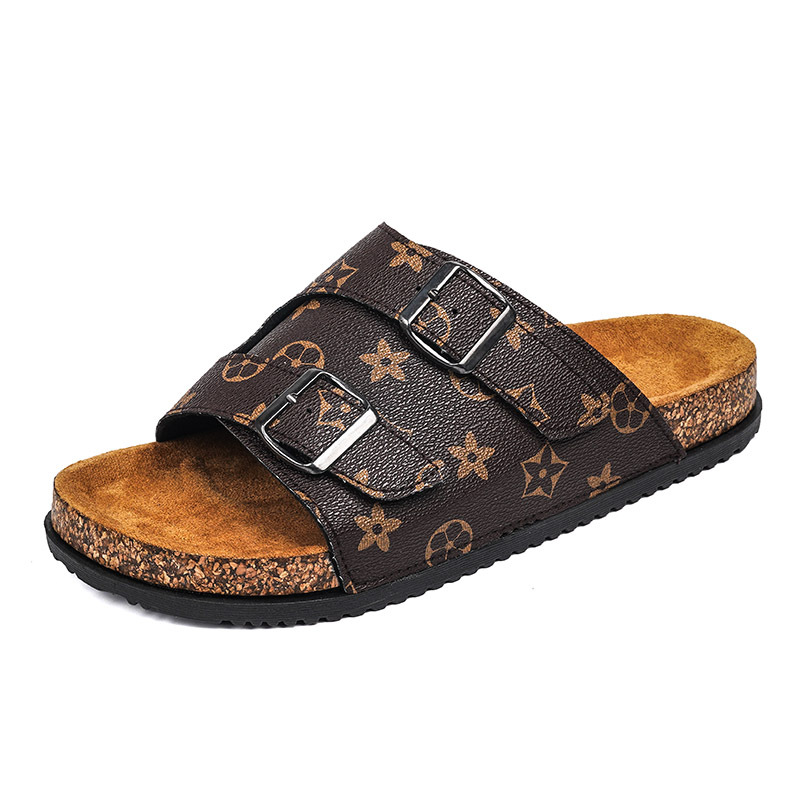 2026 Men's New Cork Retro Slippers Thick Bottom Double Buckle Outdoor Fashion Trend Printed Design Slippers
