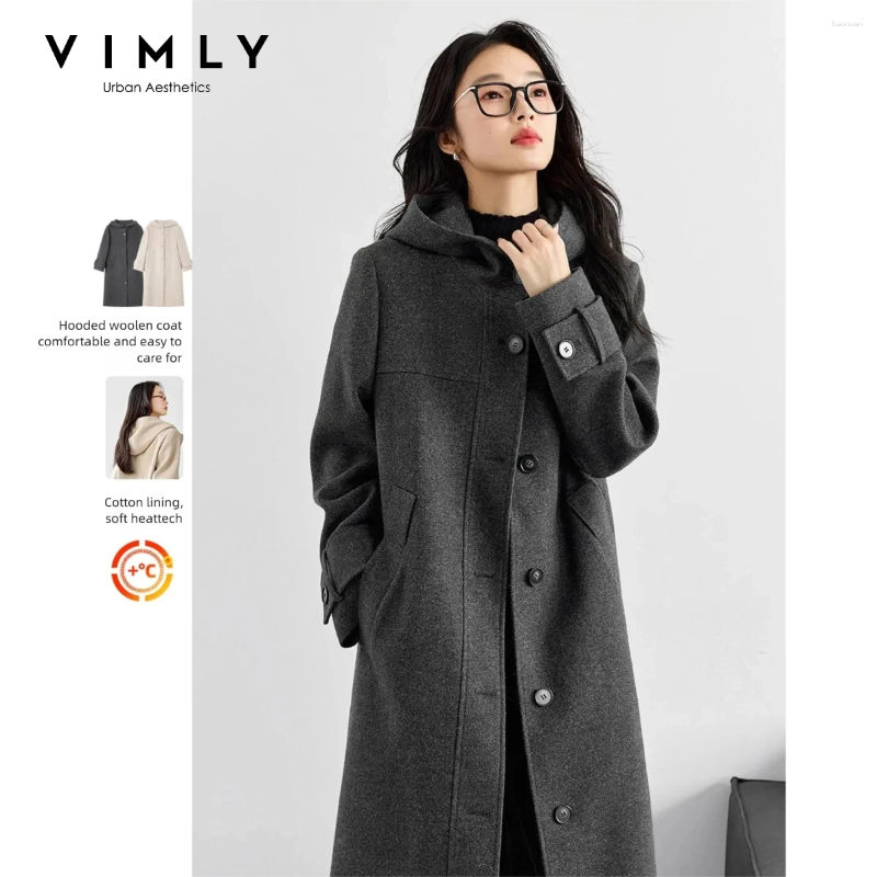 Women's Wool VIMLY Winter Hooded Coat 2026 Elegant Fashion Warm Long Jackets Casual Loose fit Office Overcoats Female M9300 af