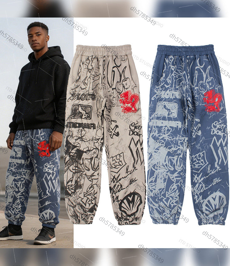 Mowalola série tendance rétro imprimé Graffiti rouge Dragon brodé survêtement pantalons de survêtement pantalons de sport pour hommes et femmes